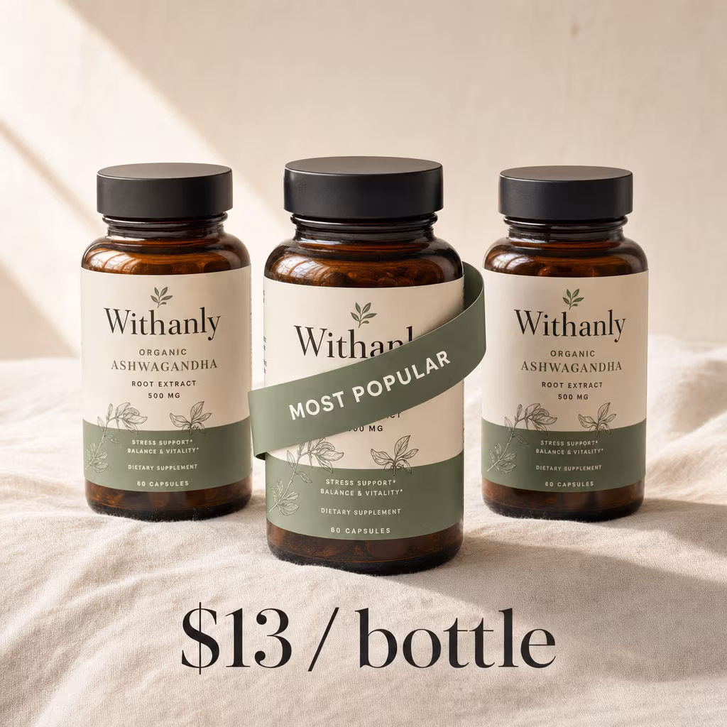 Three Withanly bottles arranged in a soft fan layout on cream backdrop, sage MOST POPULAR ribbon on the middle bottle