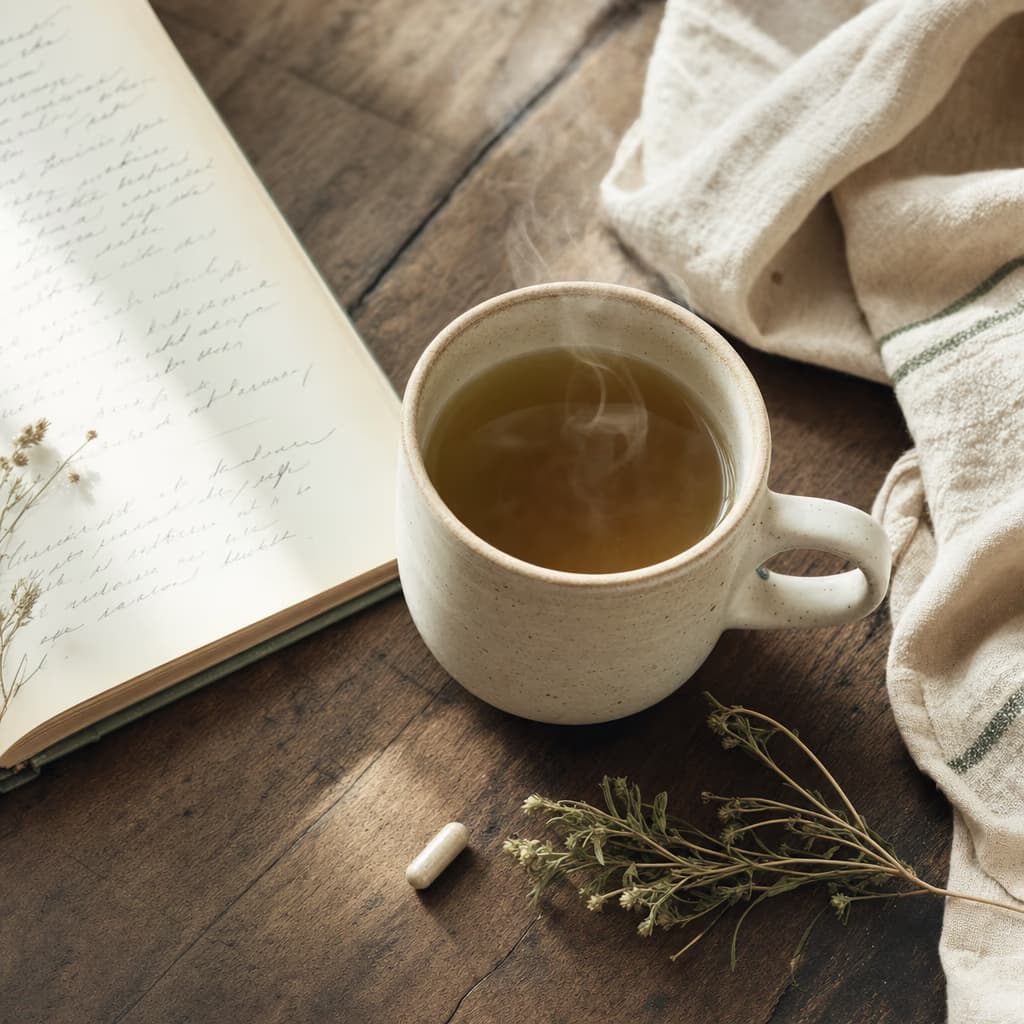 Overhead of a ceramic mug of warm tea with a single capsule and an open journal in afternoon window light