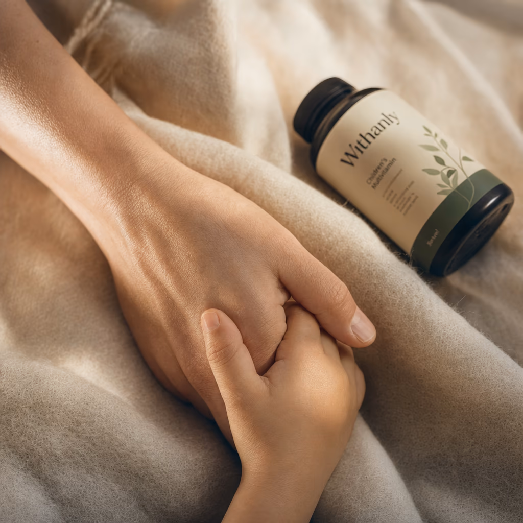 A parent's hand holding a child's hand on soft natural fabric, Withanly bottle blurred in background