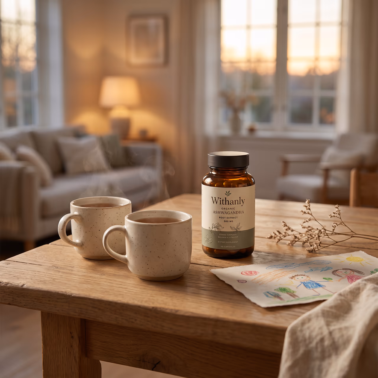 The Withanly ashwagandha bottle on a warm oak table in early-evening light, beside two ceramic mugs of tea and a child's crayon drawing, with a softly lit living room behind — a calm, present home