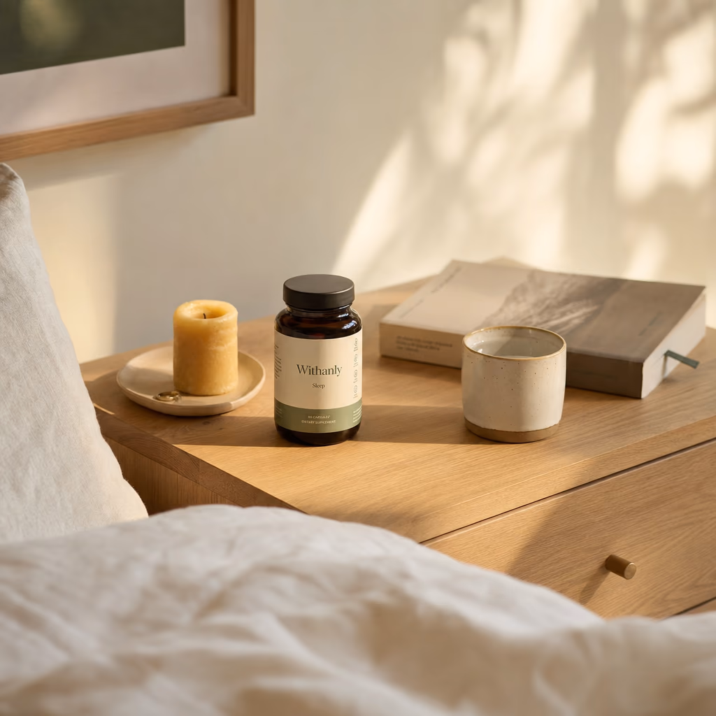 Withanly bottle on a nightstand at first morning light, beside an unlit candle and a soft-cover novel