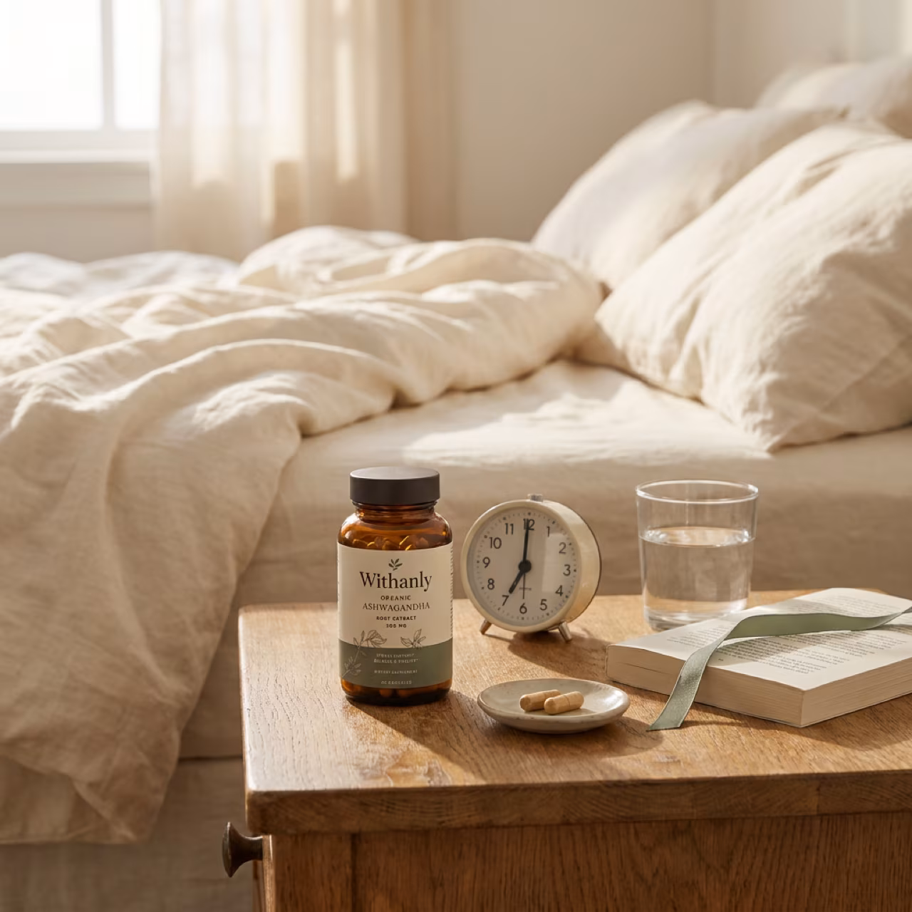 Withanly bottle on a nightstand at first morning light, beside an unlit candle and a soft-cover novel